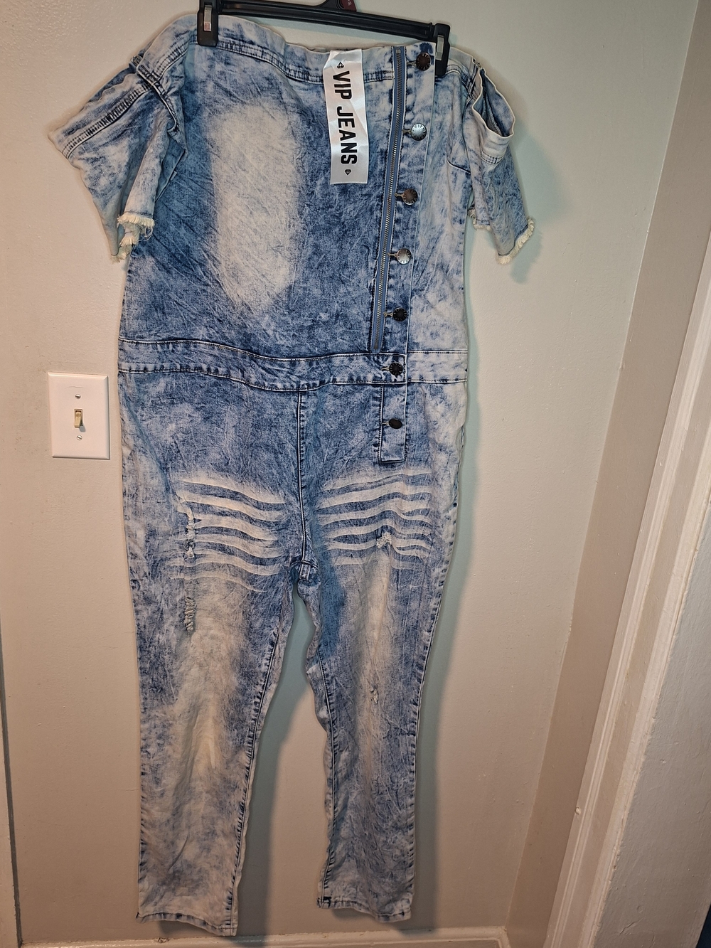 VIP Acid Wash Off-Shoulder Denim Jumpsuit in Light Blue